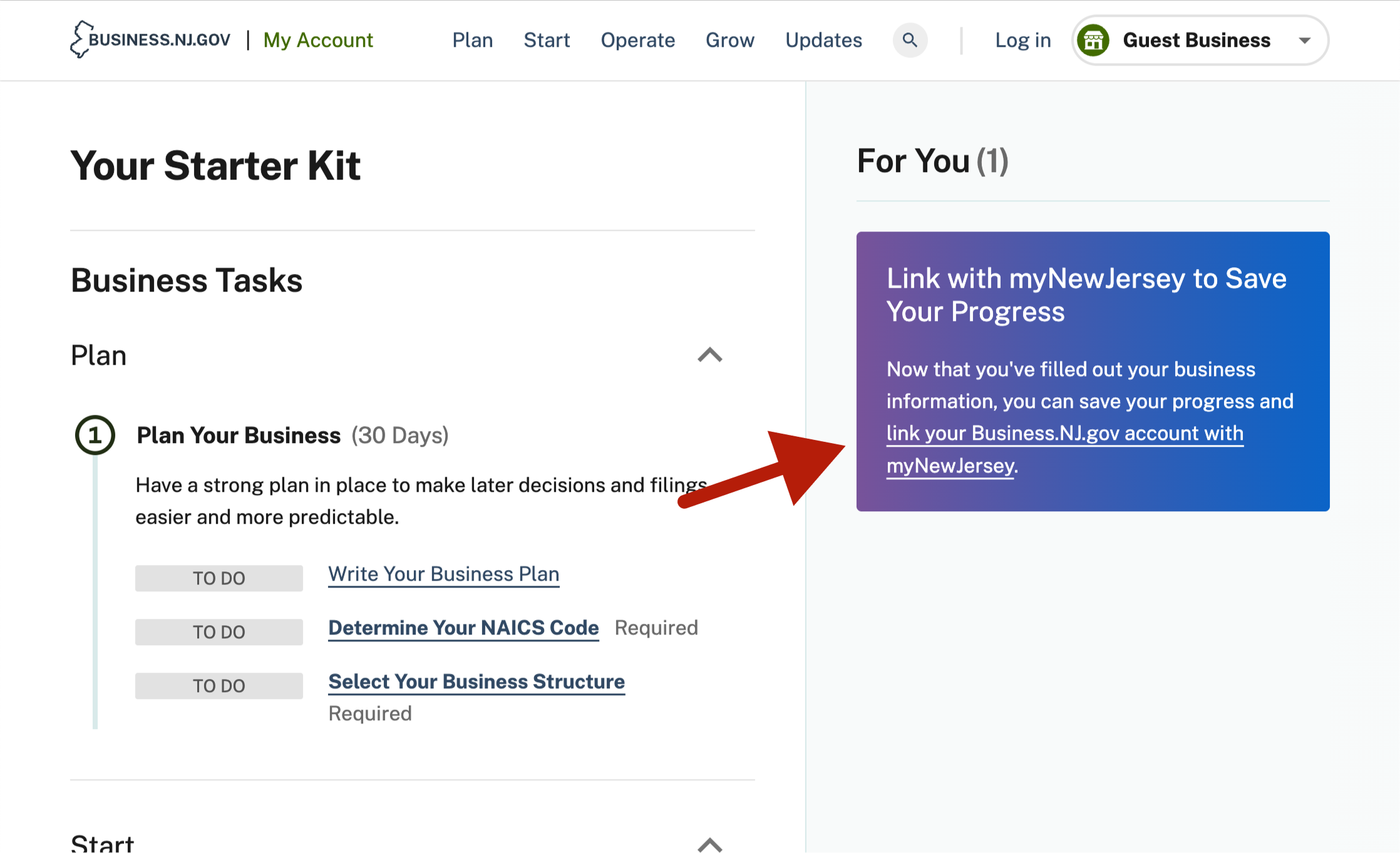 Screenshot showing the purple card with the link to create and link myNewJersey account on the dashboard