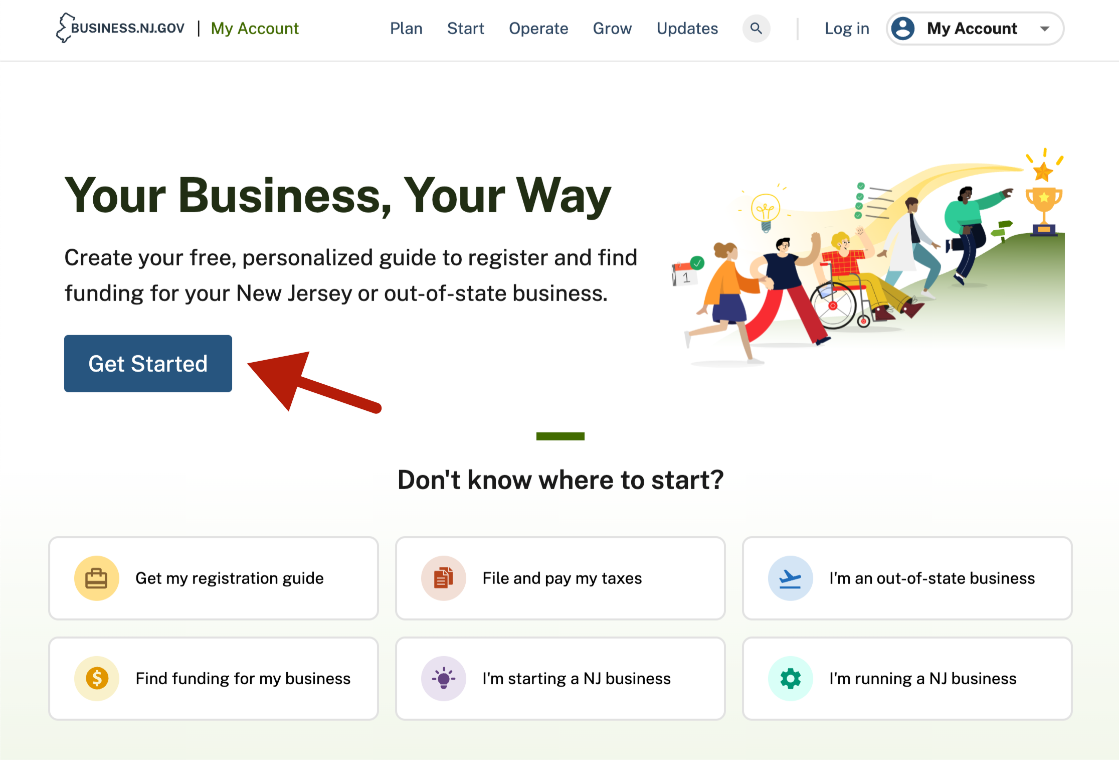 Screenshot showing the Get Started button on the Business.NJ.gov homepage