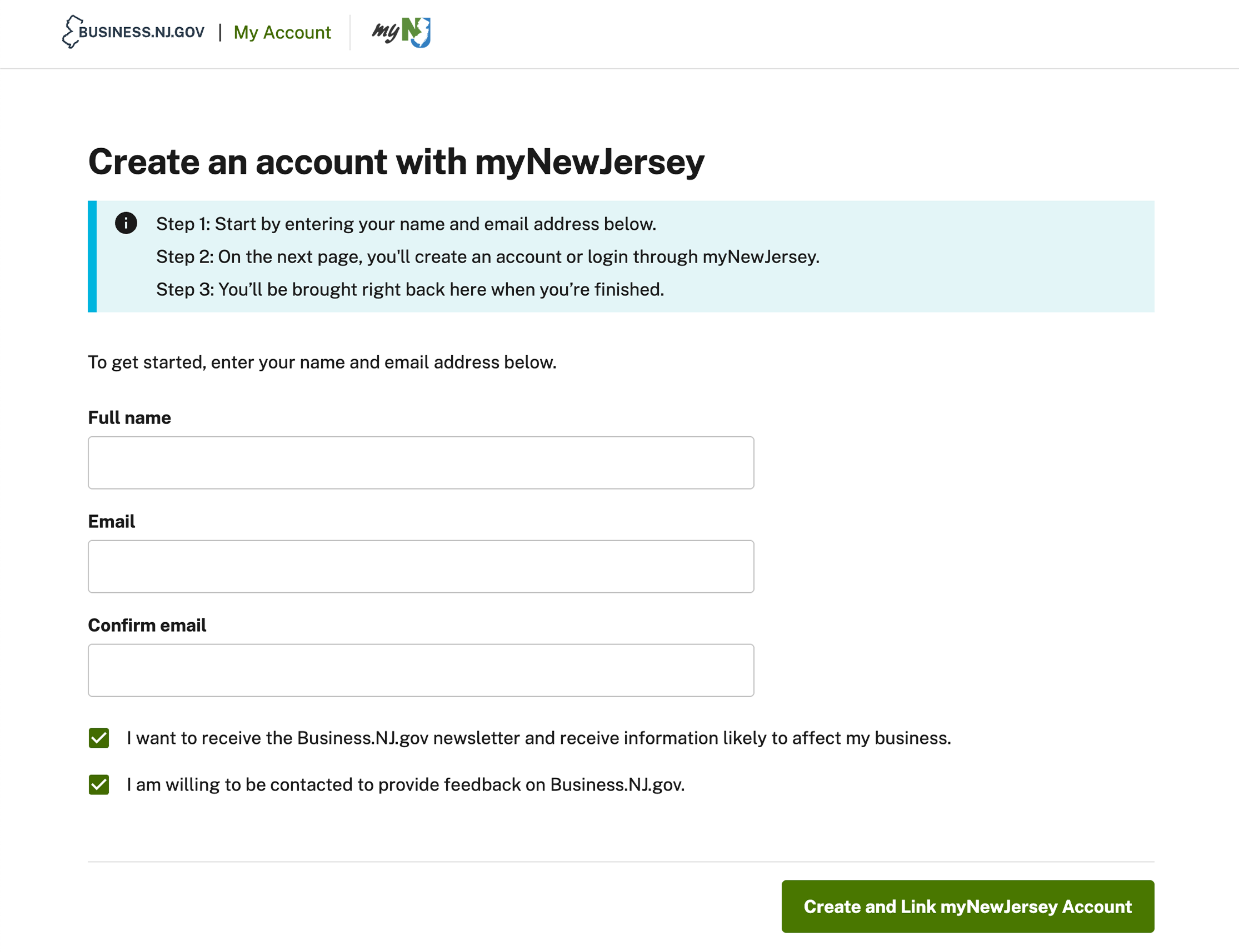 Screenshot showing the Create and Link myNewJersey Account form with email fields