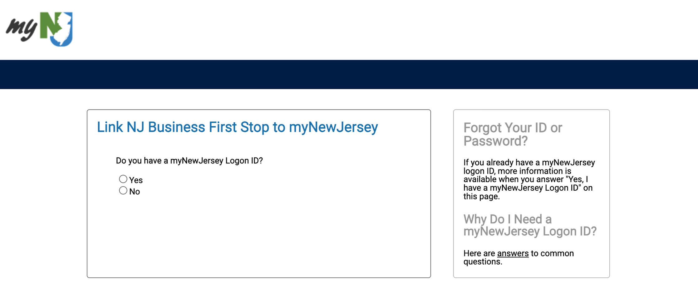 Screenshot of the myNewJersey login page with options to create an account or link an existing one